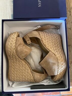 Stuart Weitzman Beige Braided Espadrille Wedge Sandals